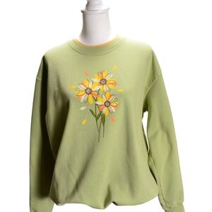 Country Store Womens Light Green‎ Floral Embroidered Crewneck Sweatshirt XLarge